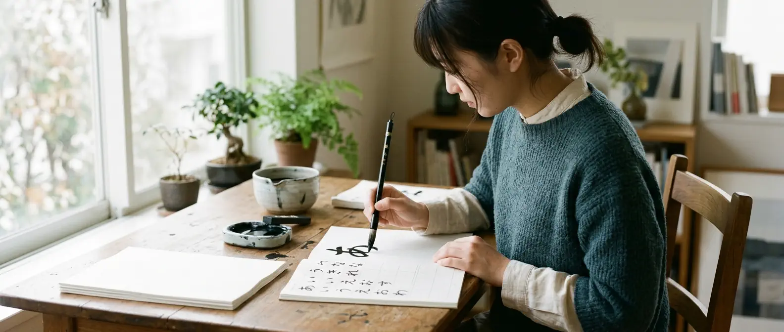 Person practicing Japanese calligraphy at a wooden desk