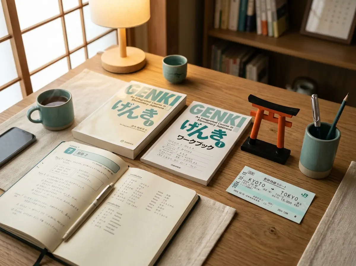 Desk with Japanese textbooks, a torii gate figurine and a train ticket