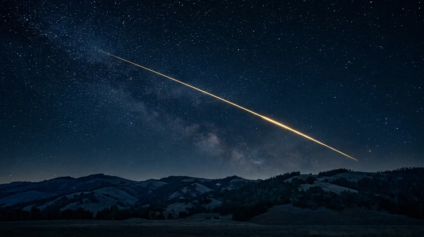 Ciel de nuit étoilé traversé par une traînée lumineuse dorée