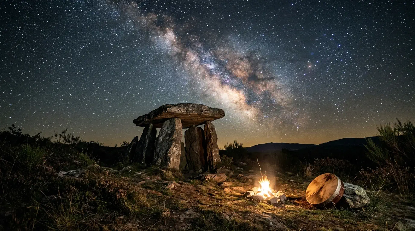 Dolmen sous un ciel de nuit étoilé avec un tambour posé au sol