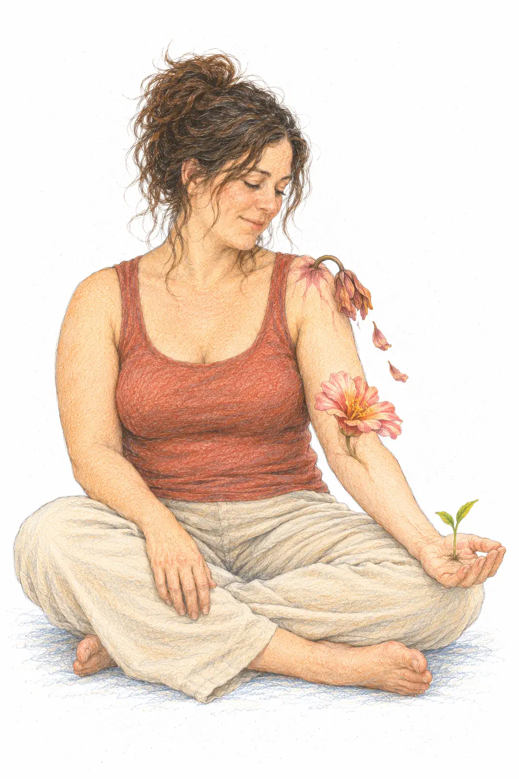 Femme en méditation, fleurs vivantes