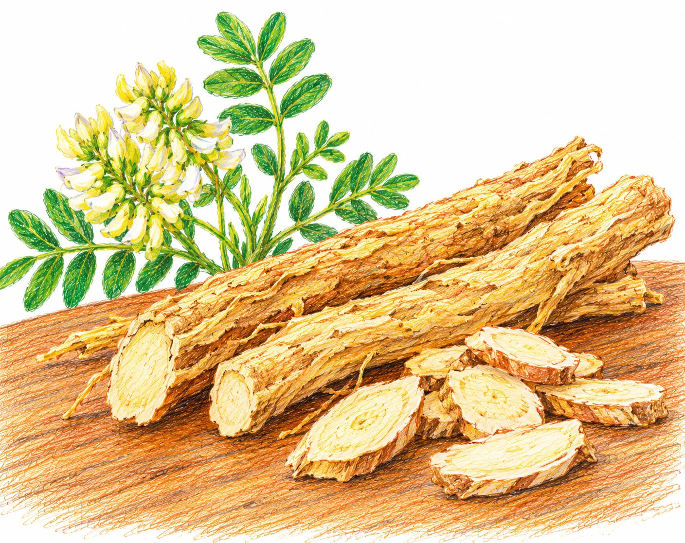 Racines d’astragale sur table en bois