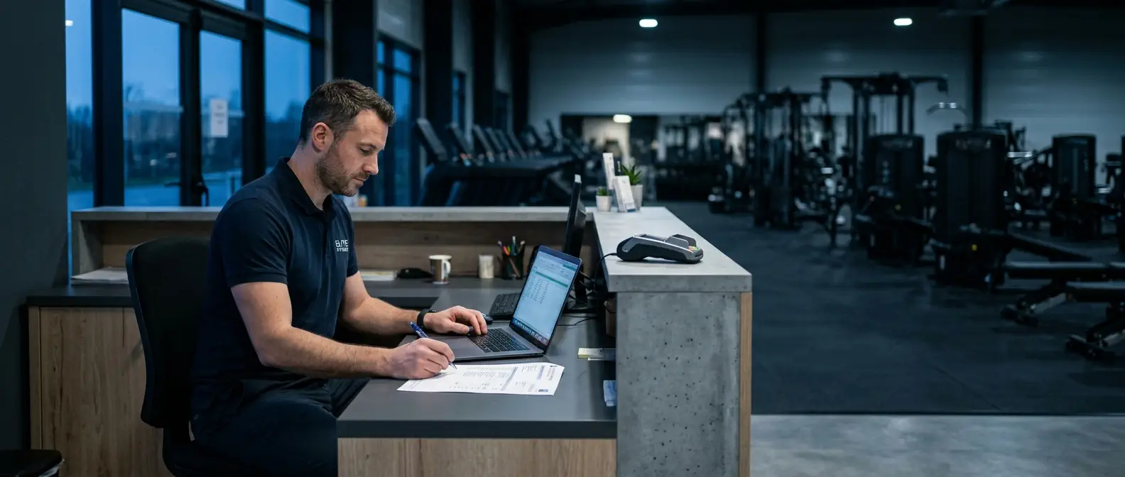 Gérant de club de fitness devant ses relevés