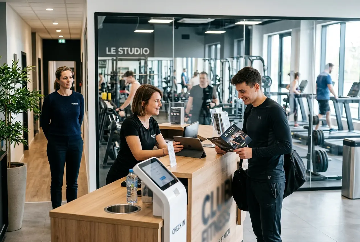 Manager accompagnant son équipe sur le terrain dans un club de fitness