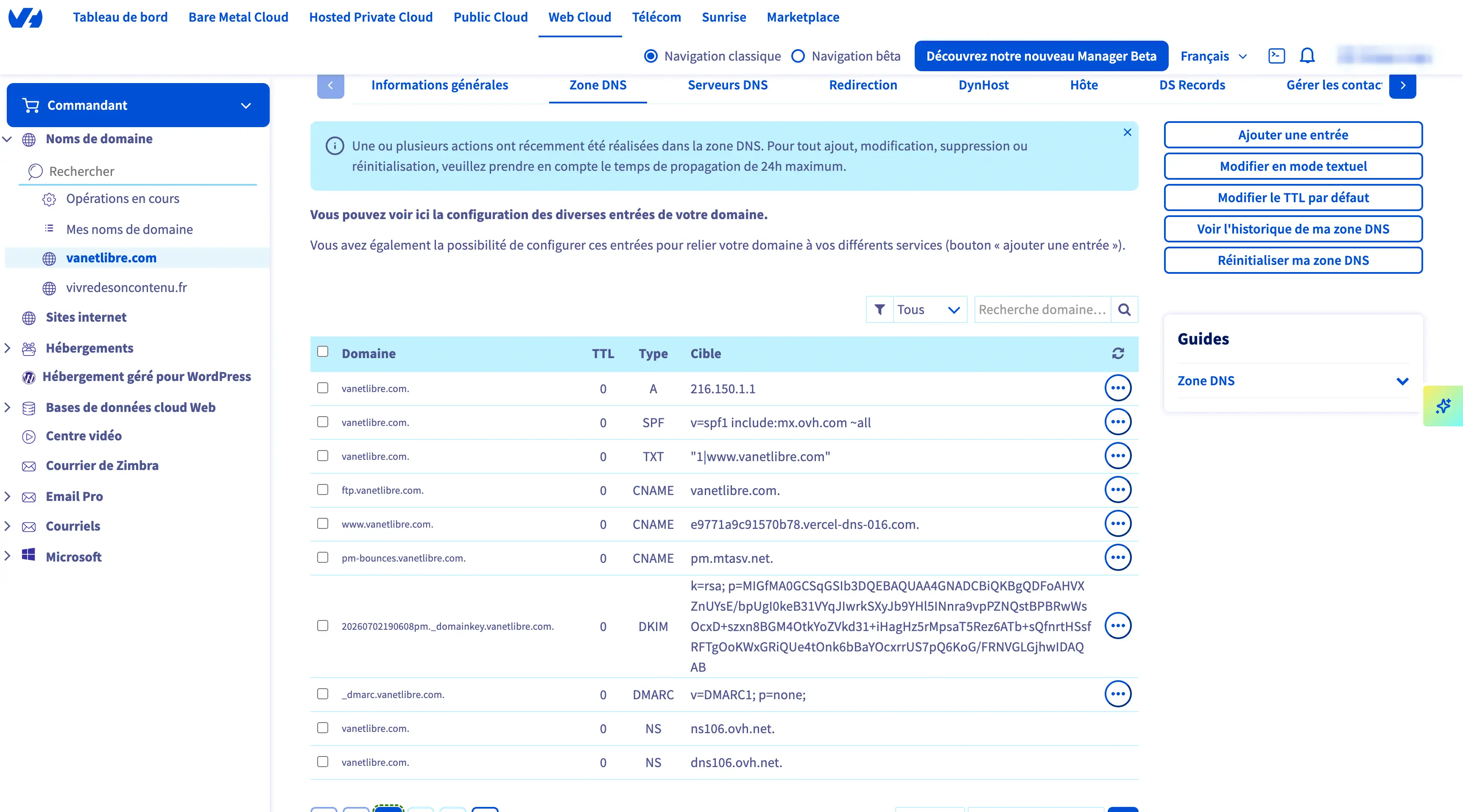 Zone DNS chez OVH : enregistrements A, SPF, TXT, CNAME, DKIM, DMARC