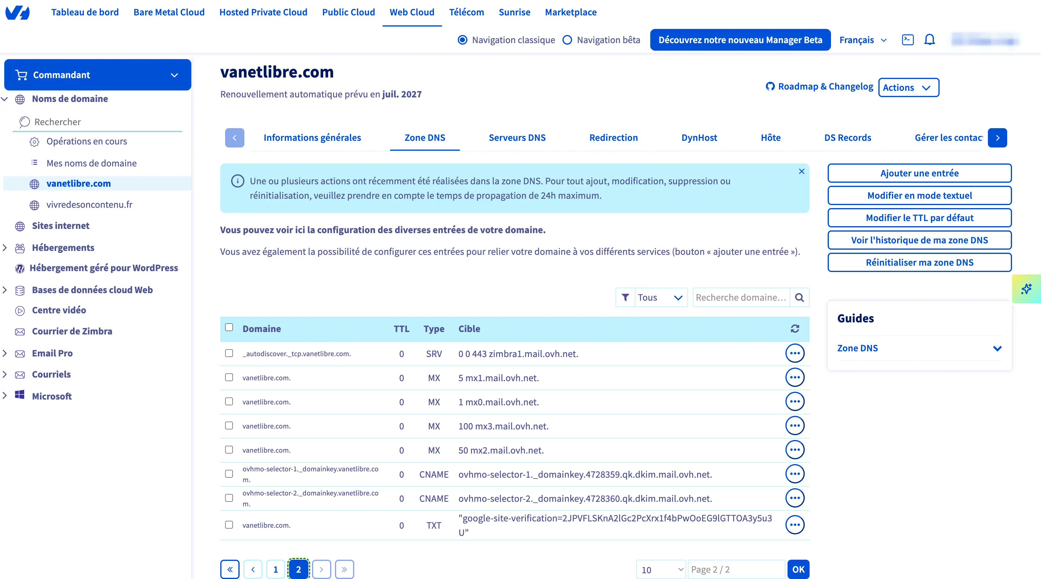 Zone DNS chez OVH, suite : enregistrements MX, CNAME et TXT de vérification