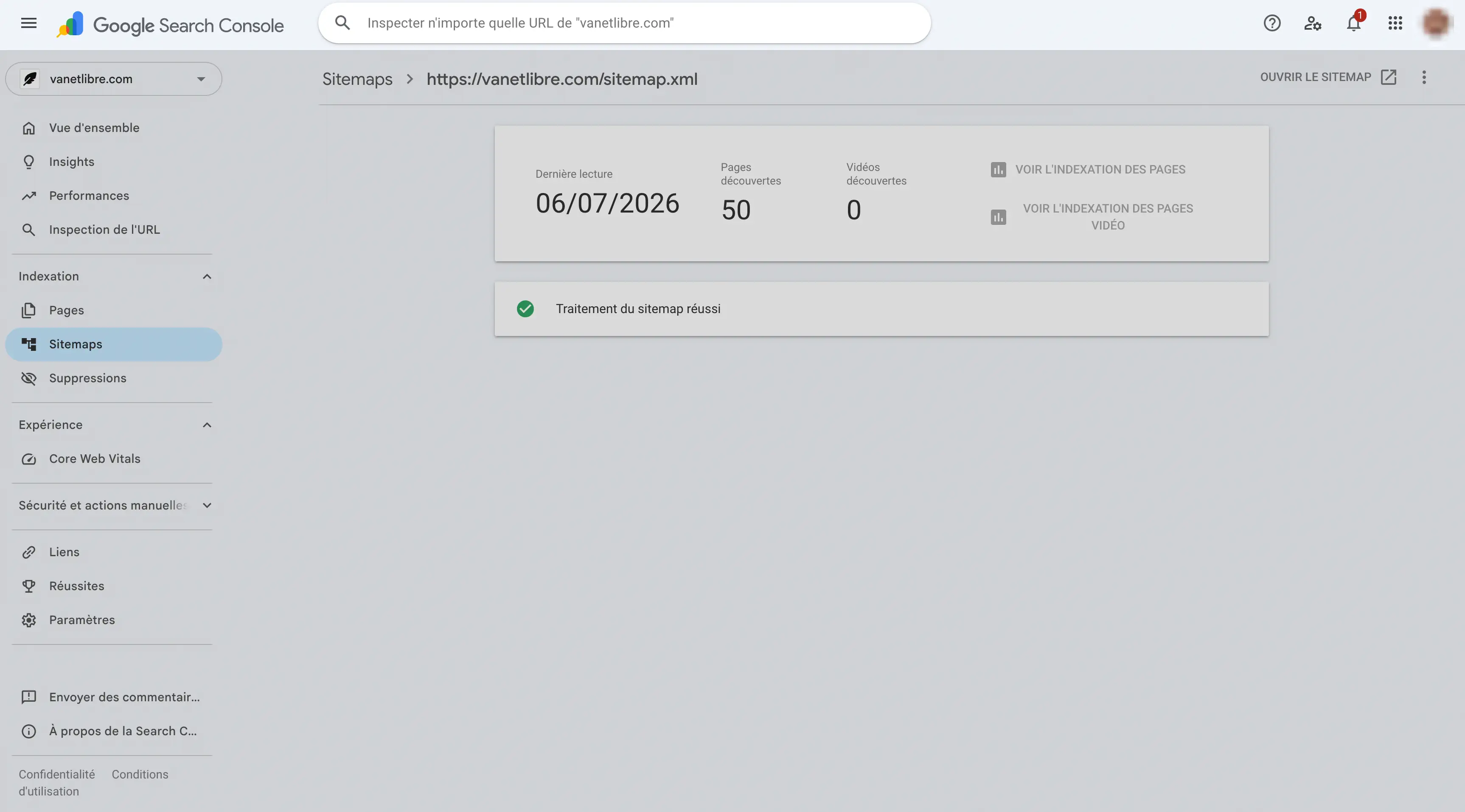 Search Console : détail du sitemap, traitement réussi