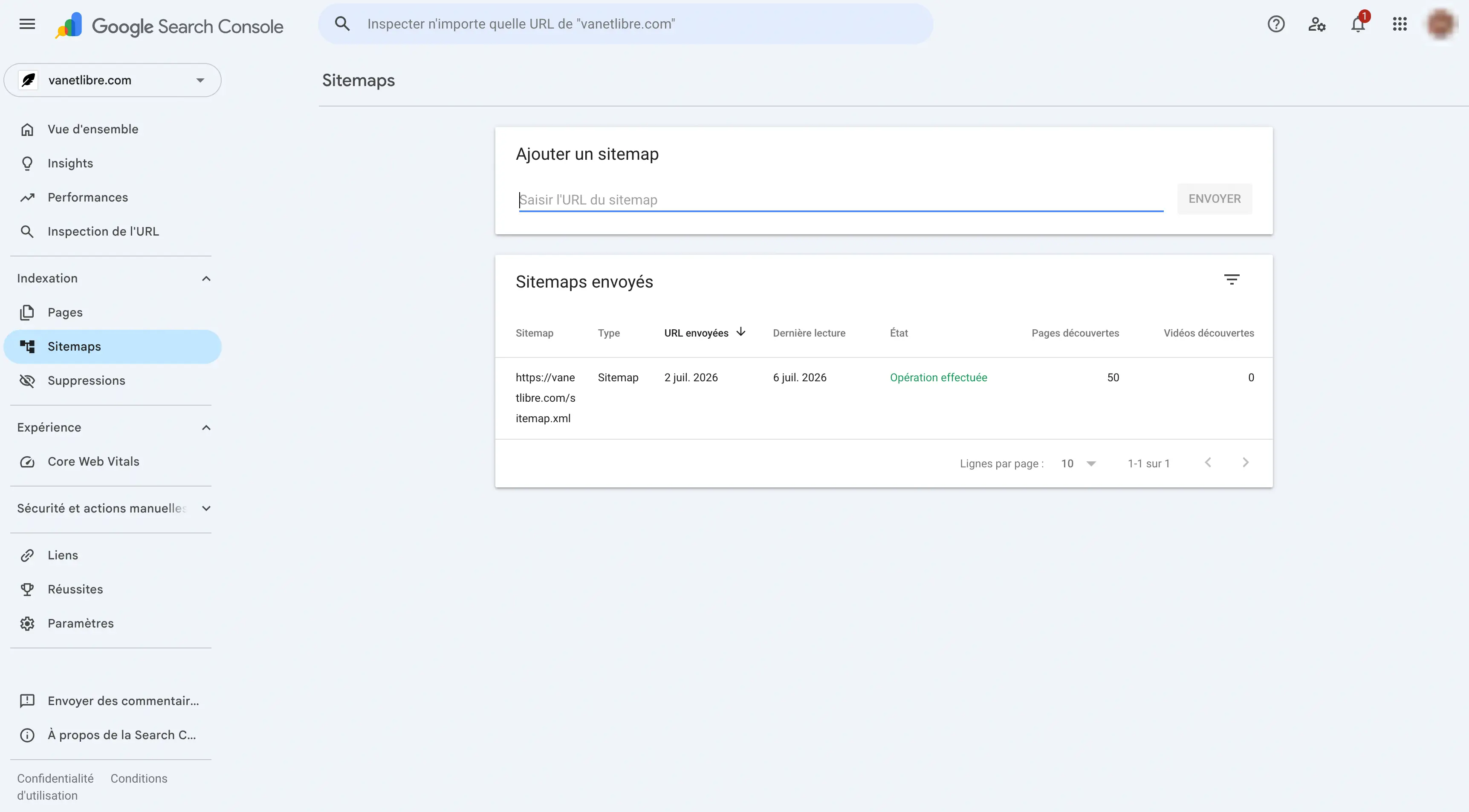 Search Console : sitemap soumis, état Opération effectuée, 50 pages découvertes