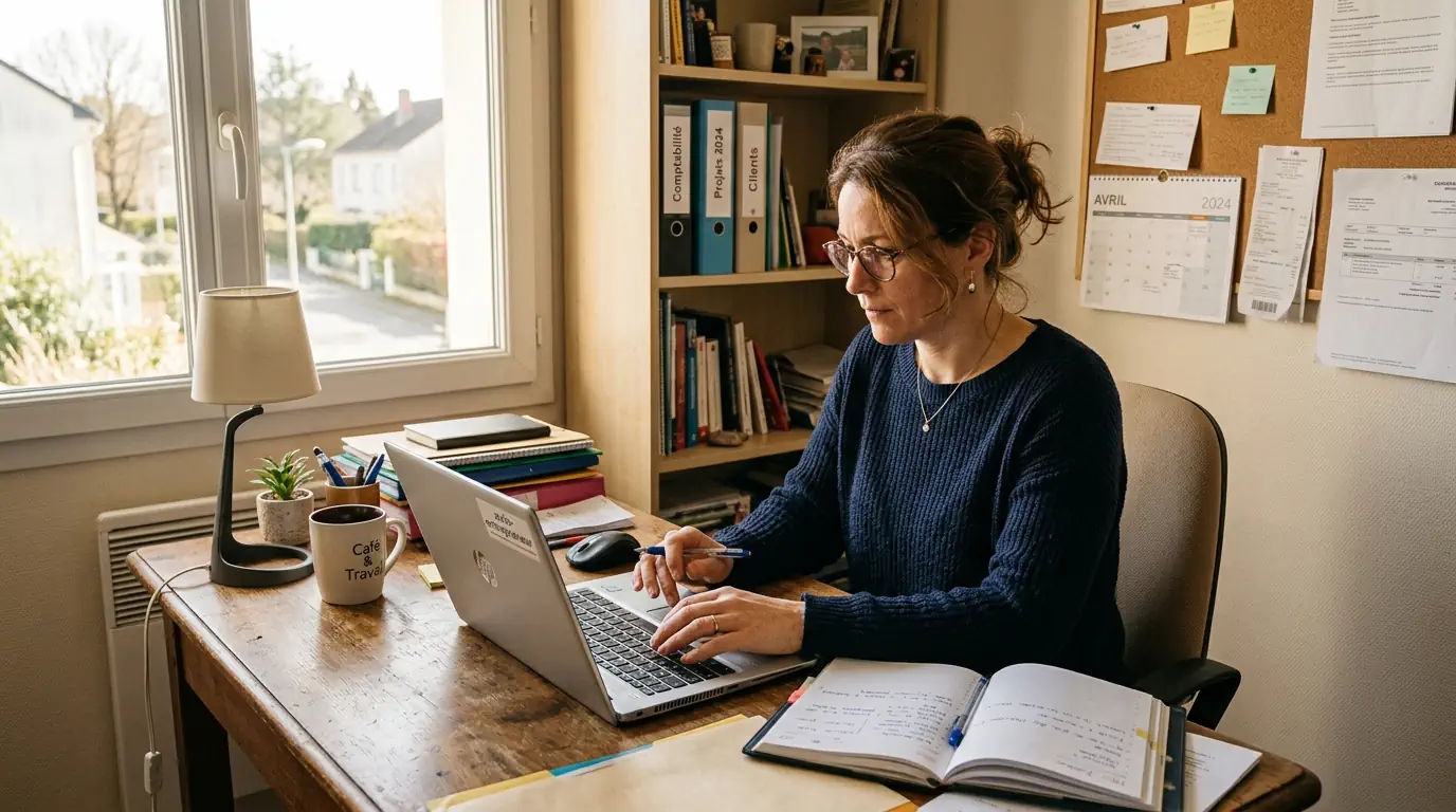 Une auto-entrepreneuse travaillant avec sérieux dans un petit bureau