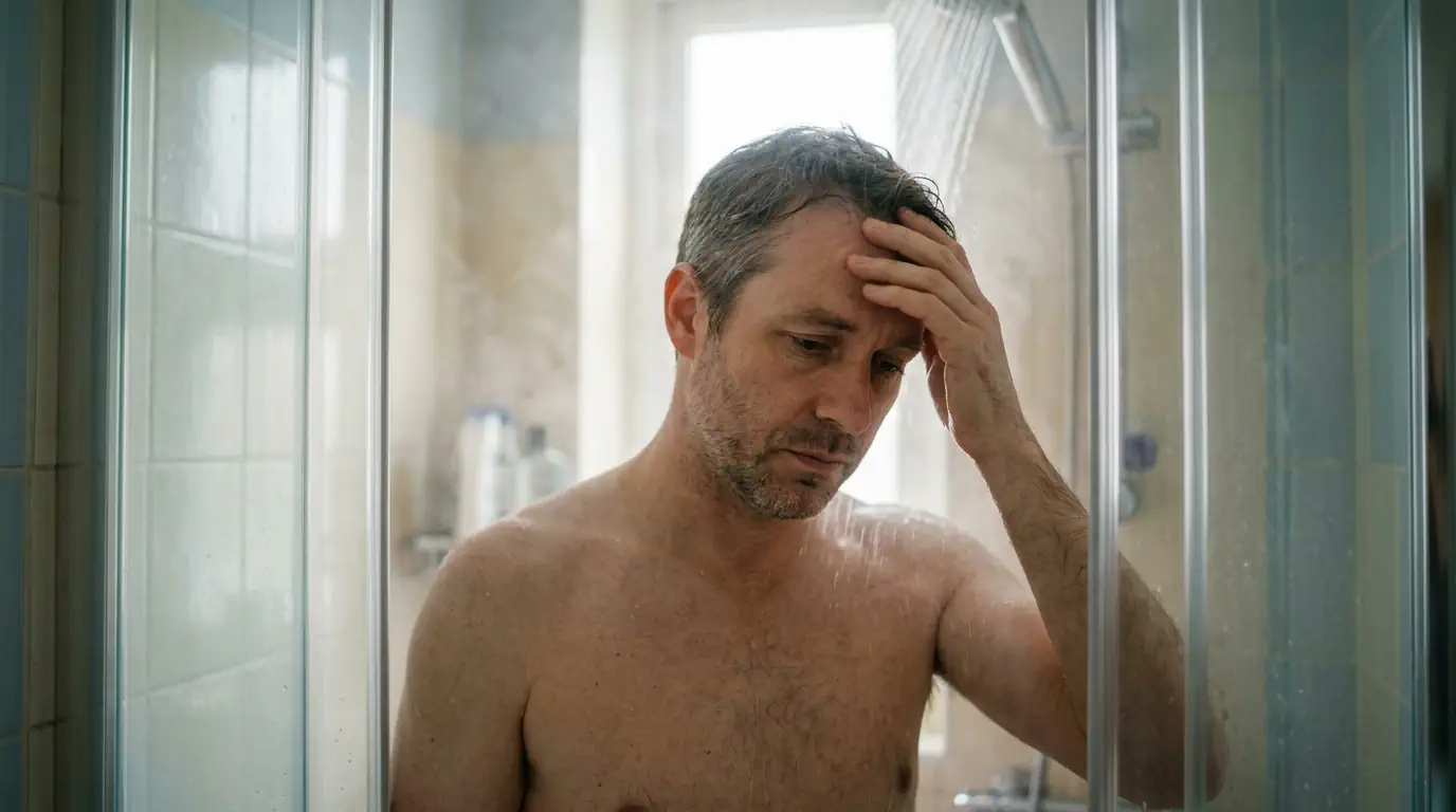 Un dirigeant pensif et fatigué sous la douche le matin