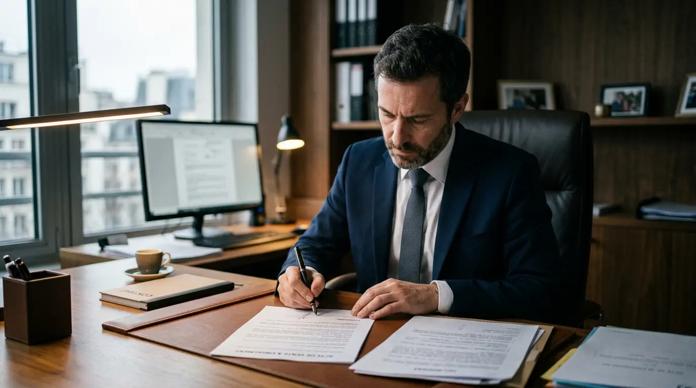 Un chef d'entreprise signant un document important, expression grave