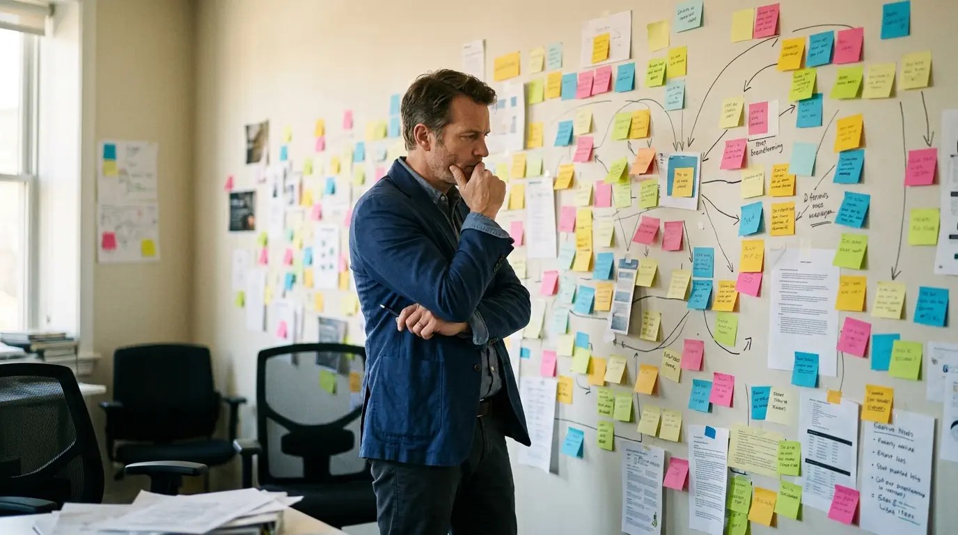 Un dirigeant face à un mur de post-its désorganisés