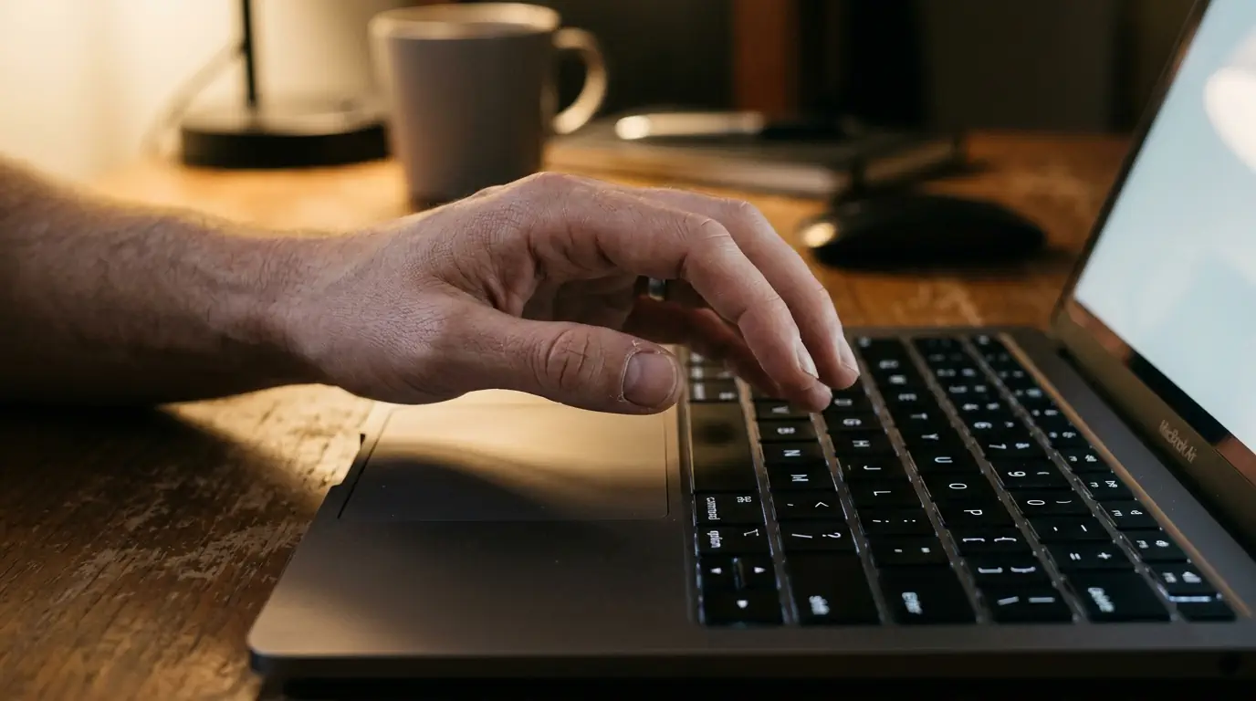 Une main hésitante au-dessus d'un clavier, symbole d'incertitude