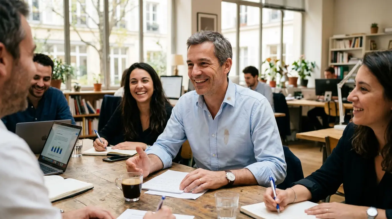 Un dirigeant souriant avec une tache de café, symbole d'authenticité et d'exemplarité