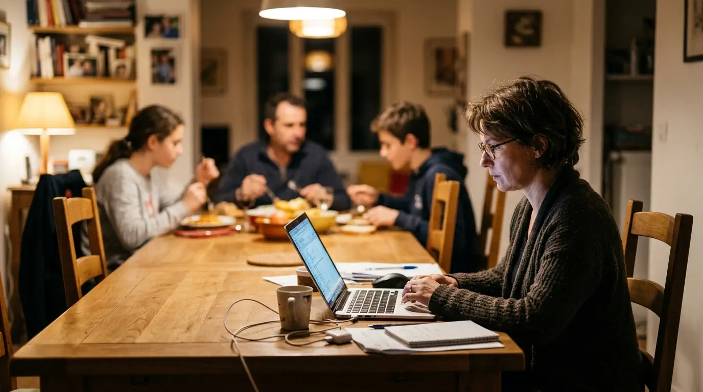 Une indépendante travaillant tard le soir, frontière floue entre vie pro et perso