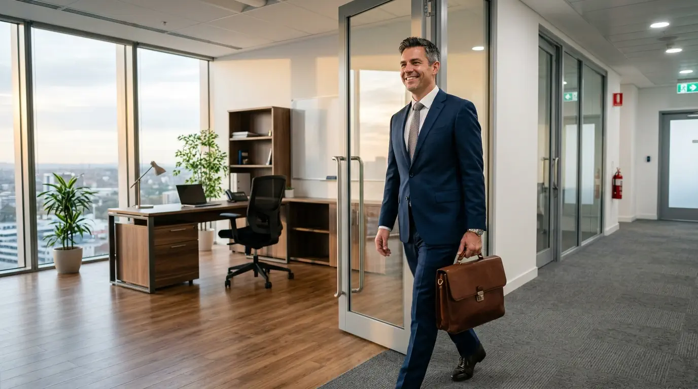 Un dirigeant souriant quittant son bureau valise à la main