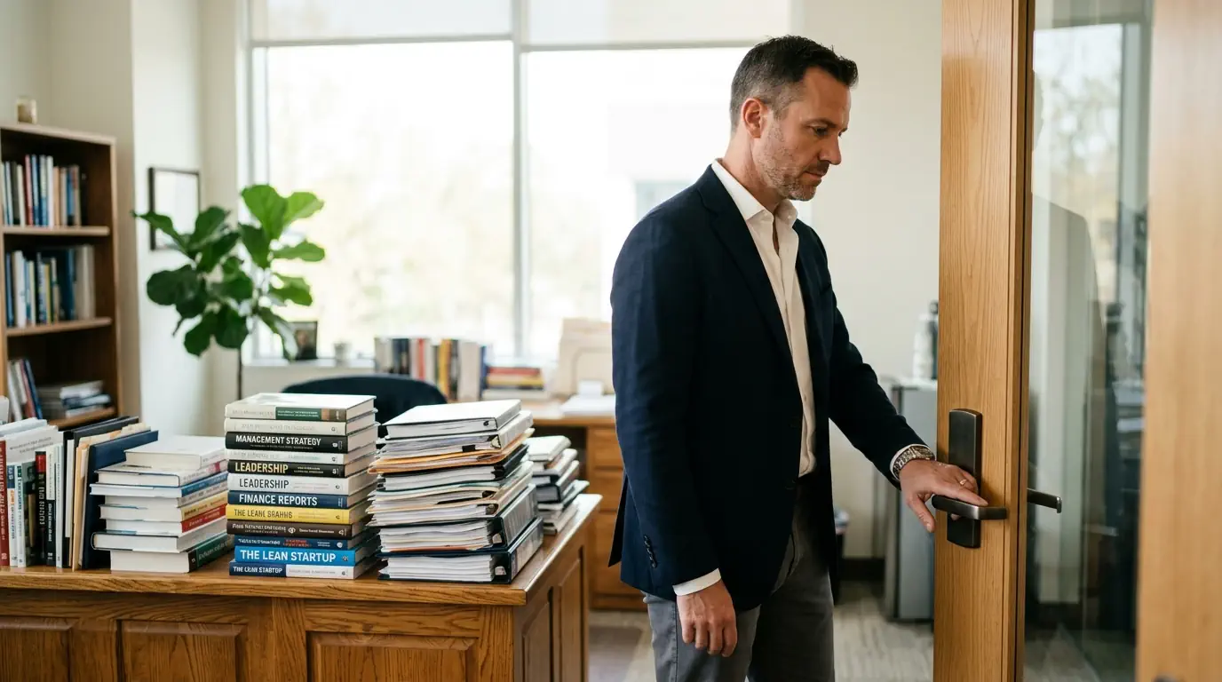 Des livres empilés devant une porte
