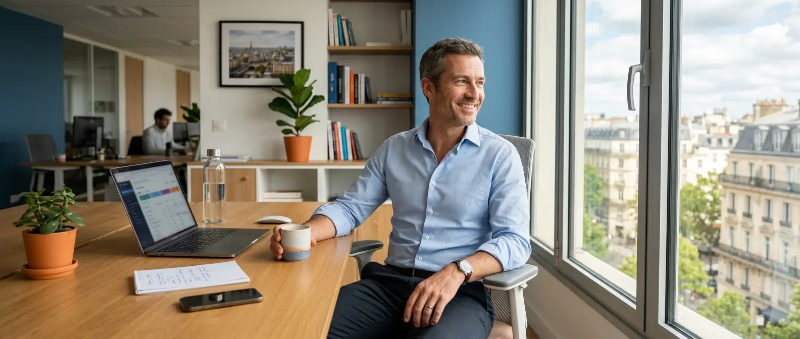 Dirigeant souriant à son bureau