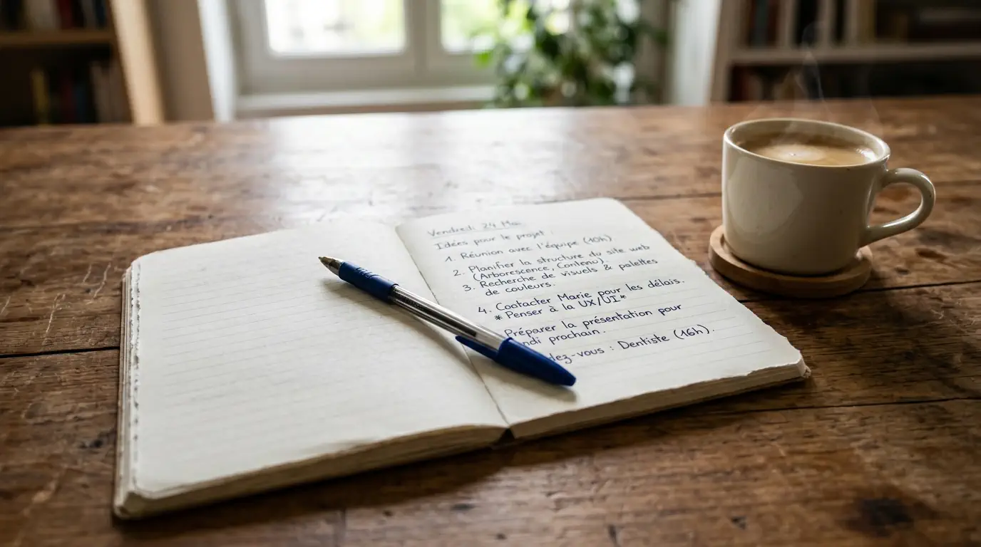 Un carnet de notes ouvert sur un bureau