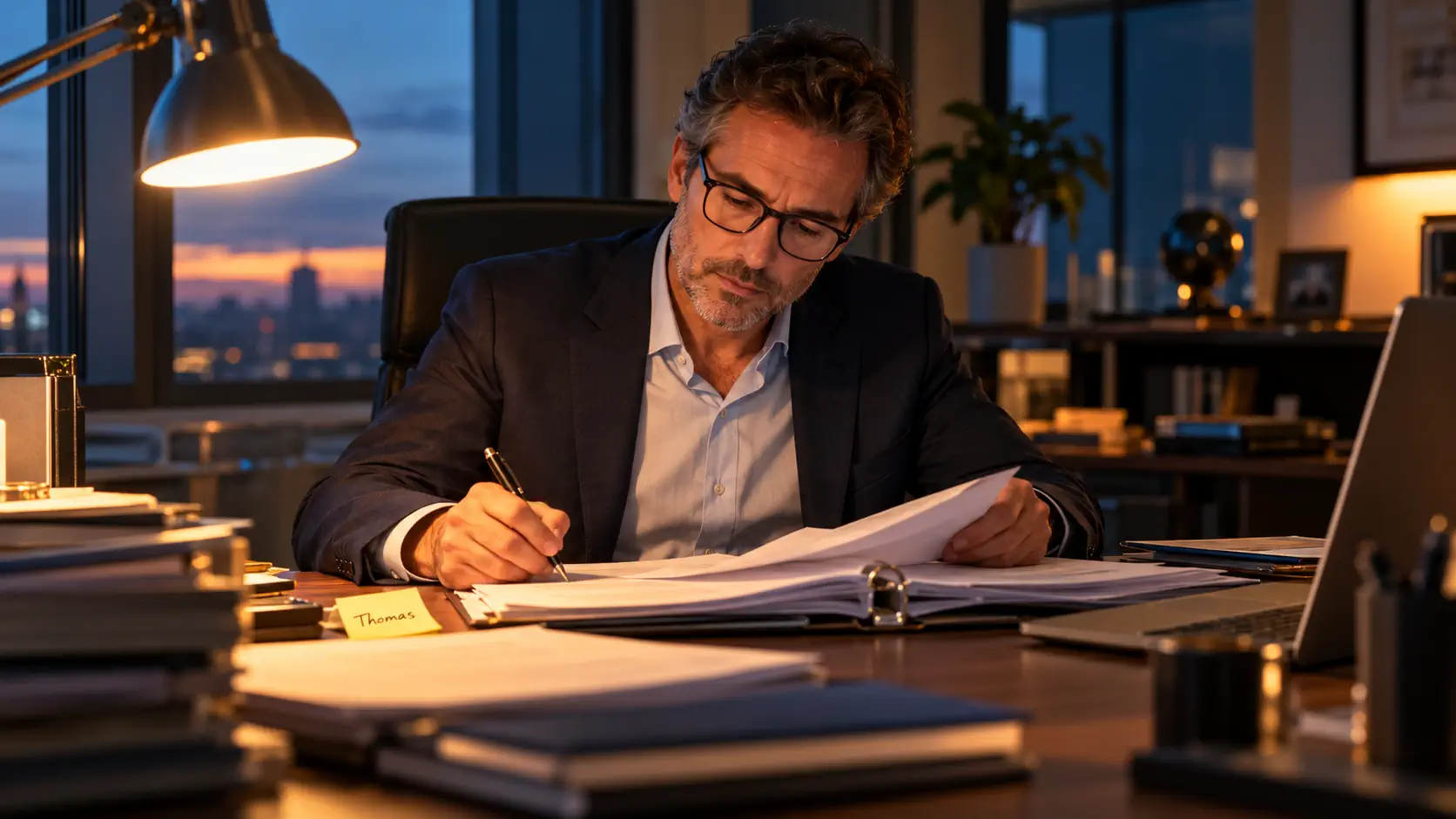 Un dirigeant seul à son bureau le soir, en train de refaire un dossier