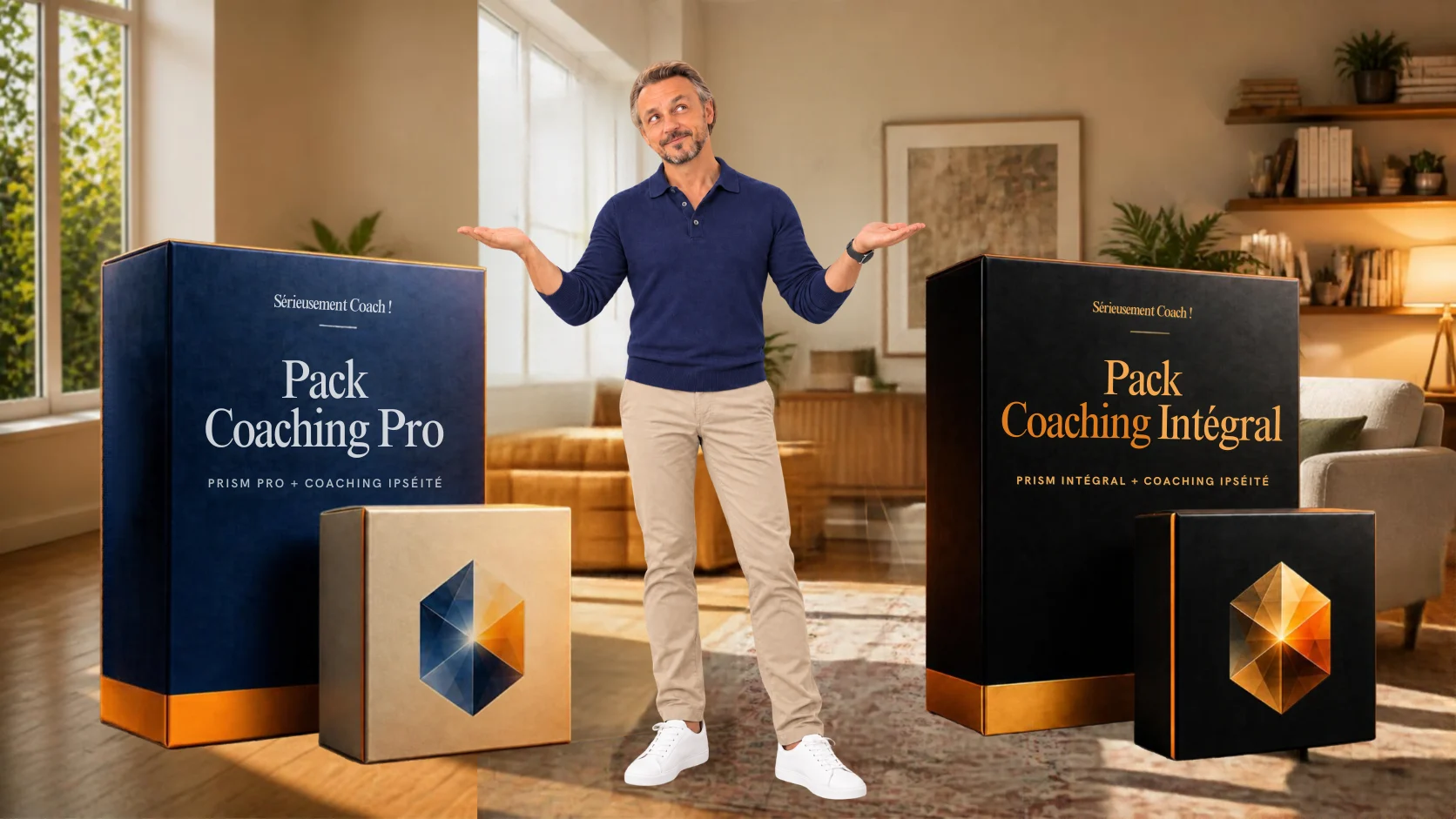 Nicolas Van Caemerbeke entre les coffrets du Pack Coaching Pro et du Pack Coaching Intégral, l'air de demander lequel choisir