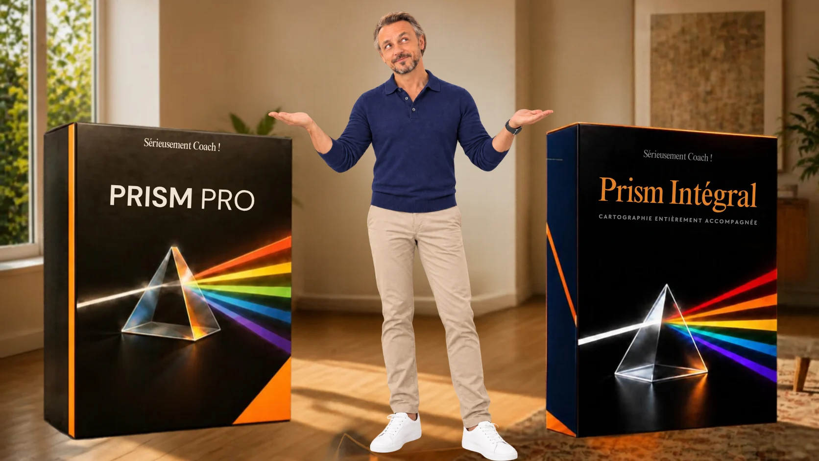 Nicolas Van Caemerbeke entre les coffrets Prism Pro et Prism Intégral, l'air de demander lequel choisir
