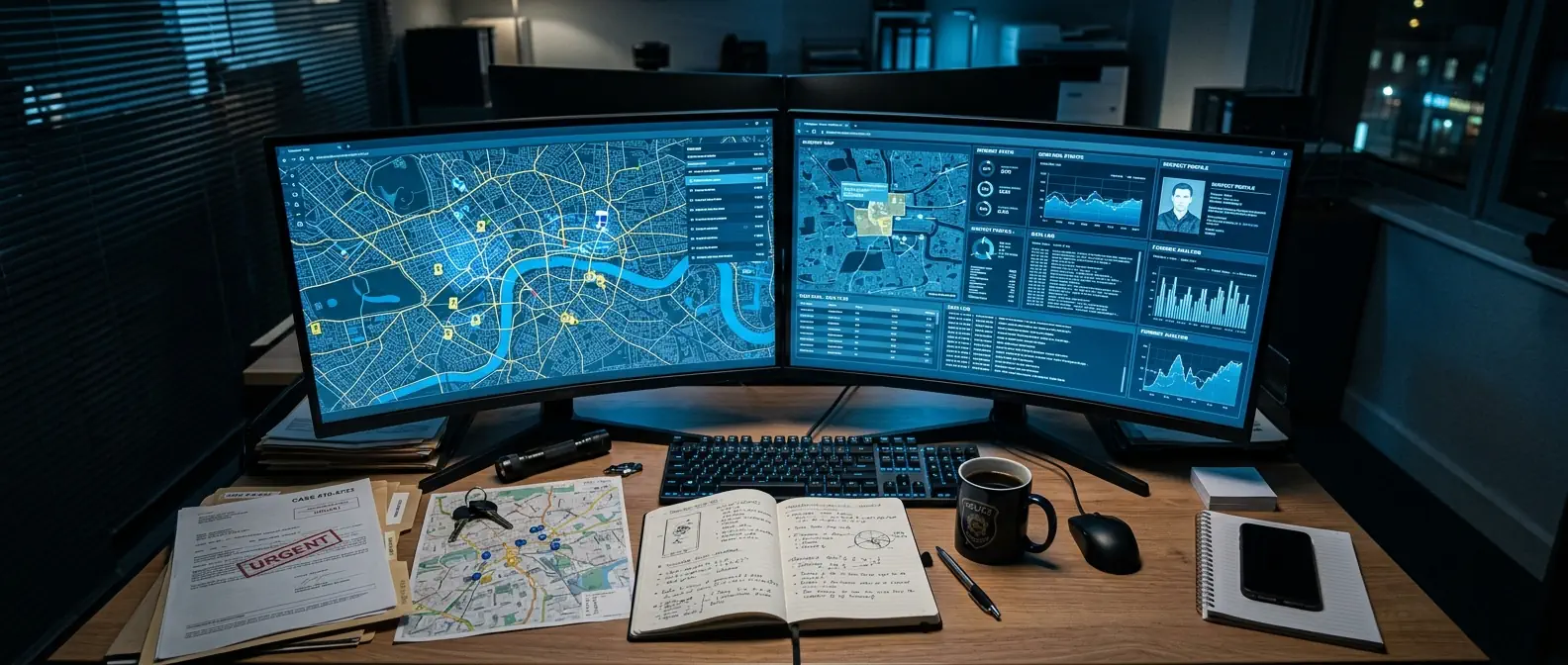 Poste d'enquête OSINT avec plusieurs écrans