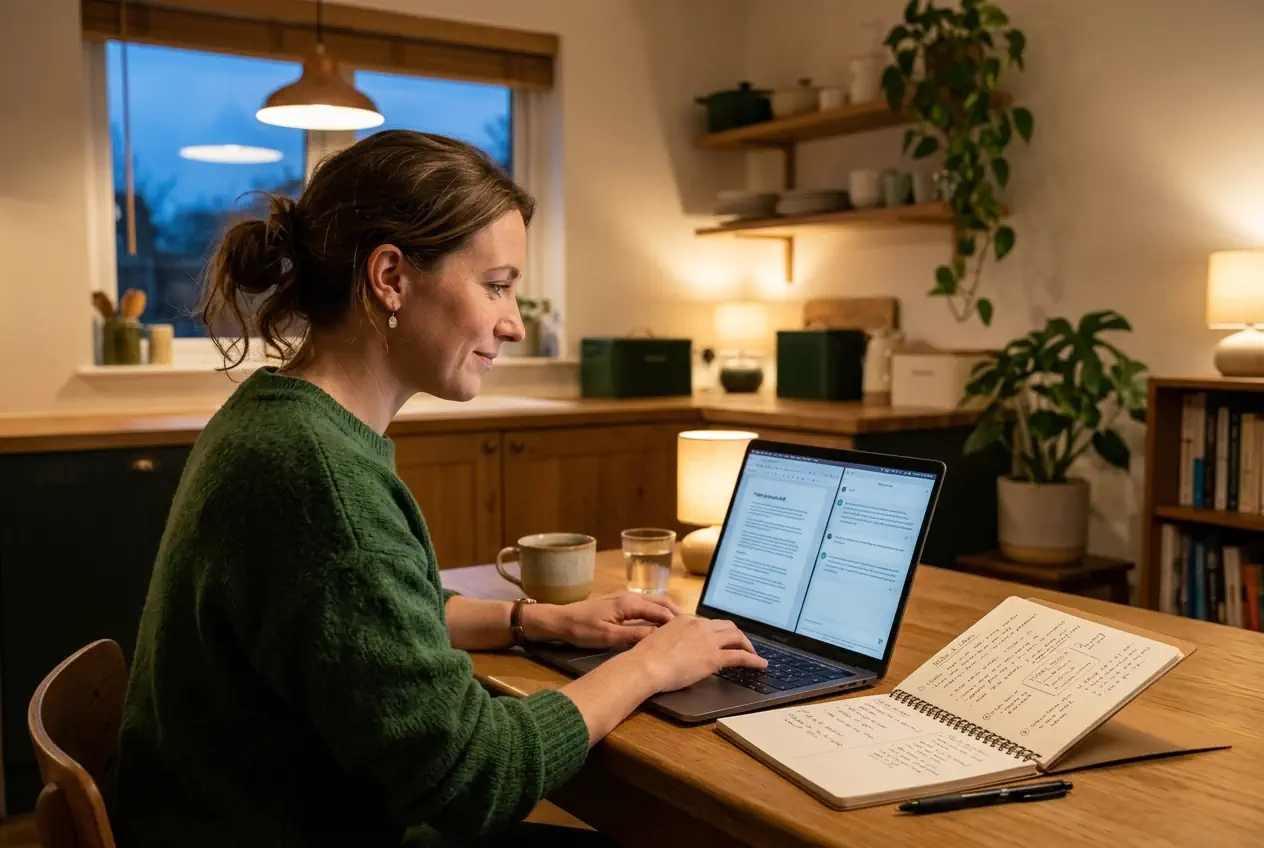 A woman working on a laptop at her kitchen table in the evening, with a document and an AI chat side by side
