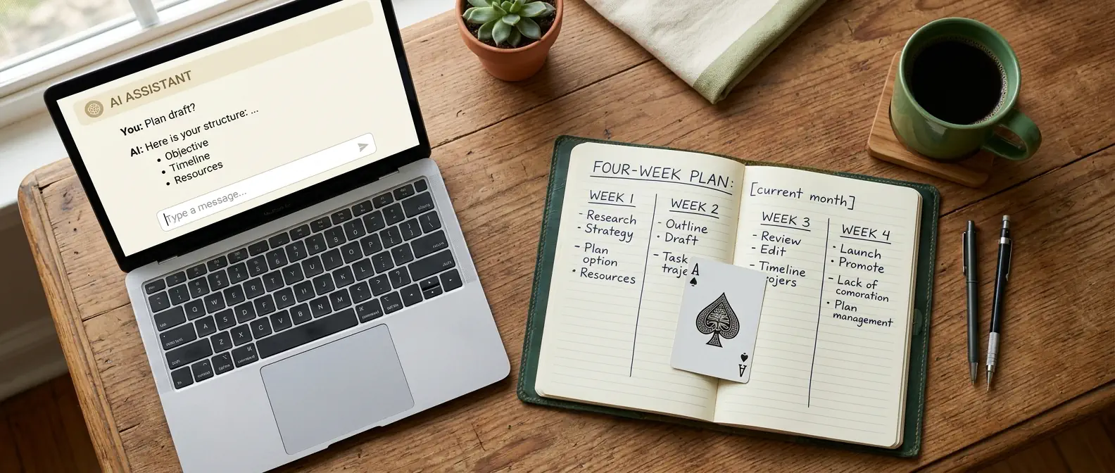 A desk with a laptop showing an AI chat, a notebook with a four-week plan, a coffee and an ace of spades used as a bookmark