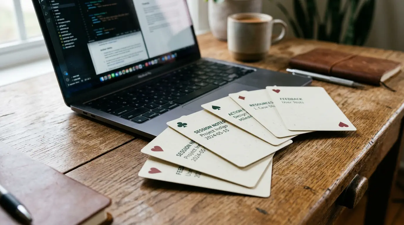 Printed prompt cards fanned out on a desk next to a laptop