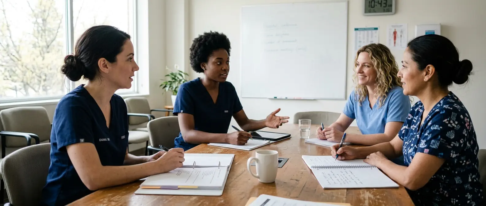 Une infirmière en discussion avec des collègues autour d'une table