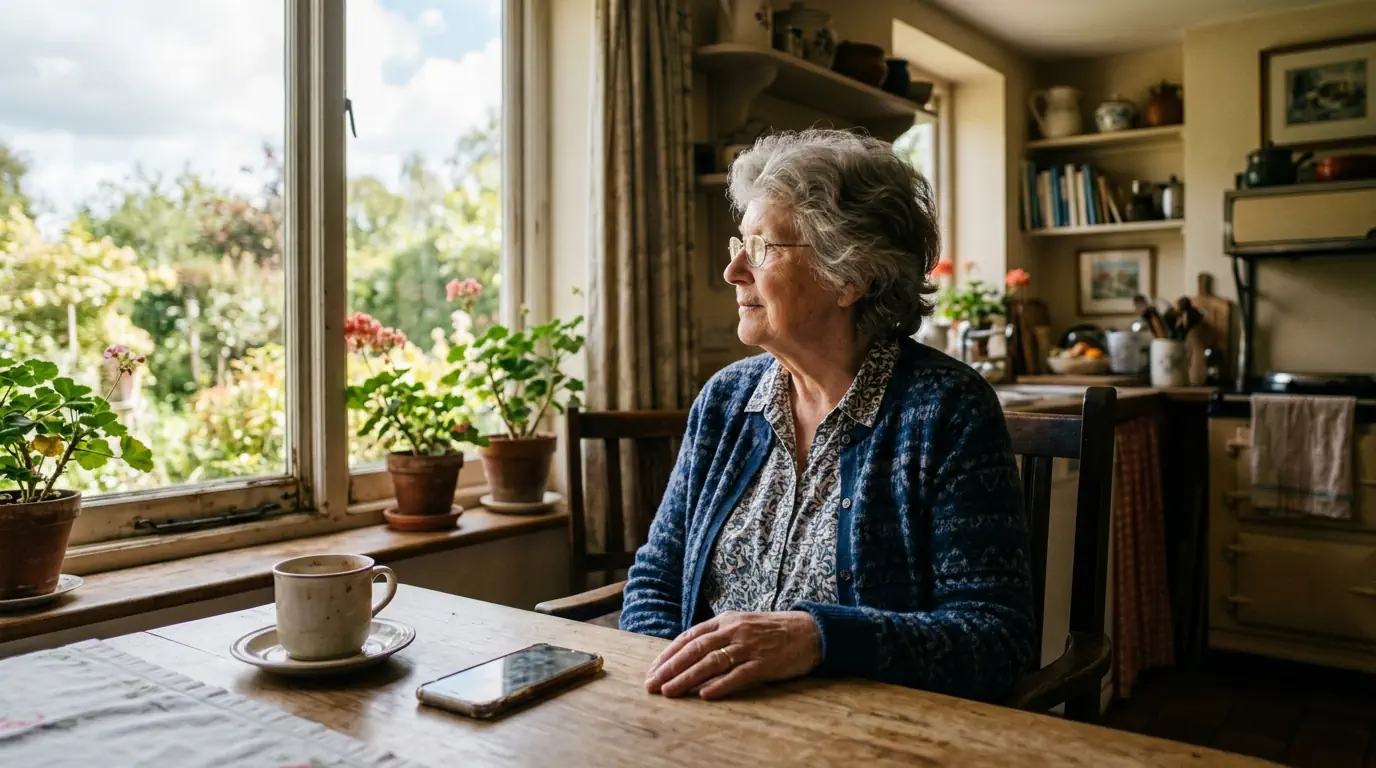Une femme âgée assise seule à une table de cuisine, regardant par la fenêtre, un téléphone posé sur la table devant elle