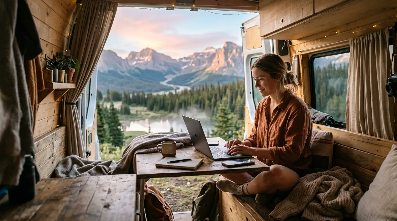 Travailler sur un ordinateur portable depuis un van en pleine nature