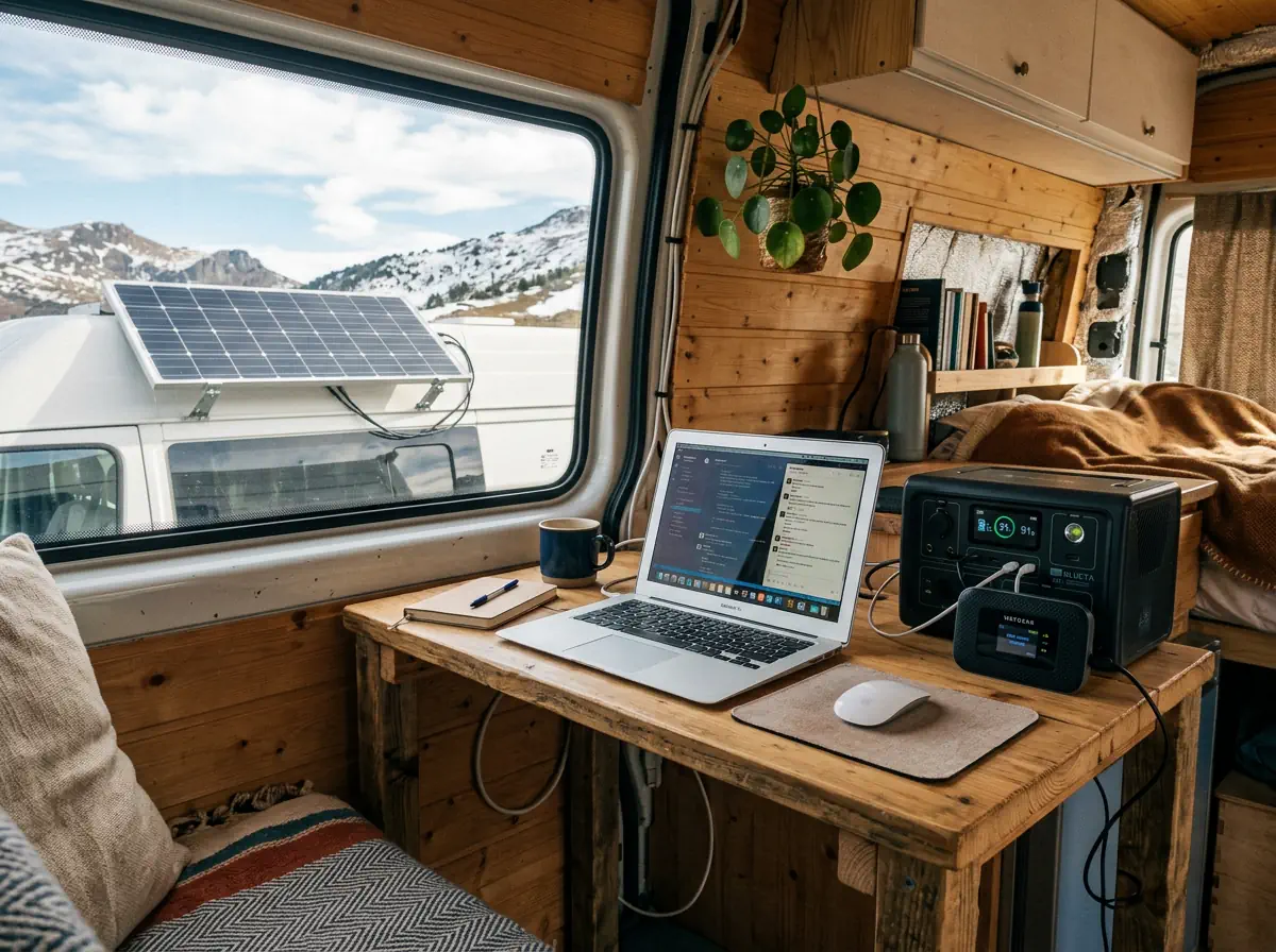 Mon poste de travail nomade dans le van, alimenté au solaire