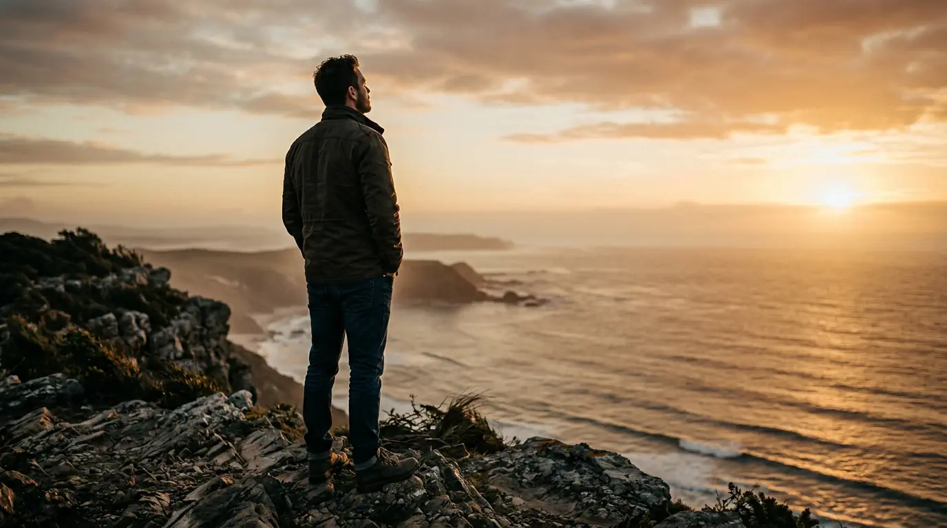 Homme face à l'horizon à l'aube