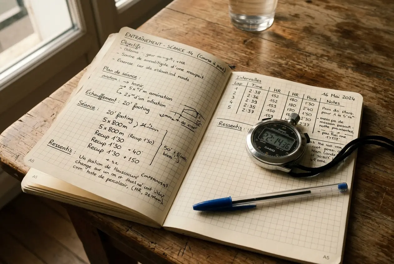 Le cahier d'entraînement Aplomb ouvert avec un chronomètre