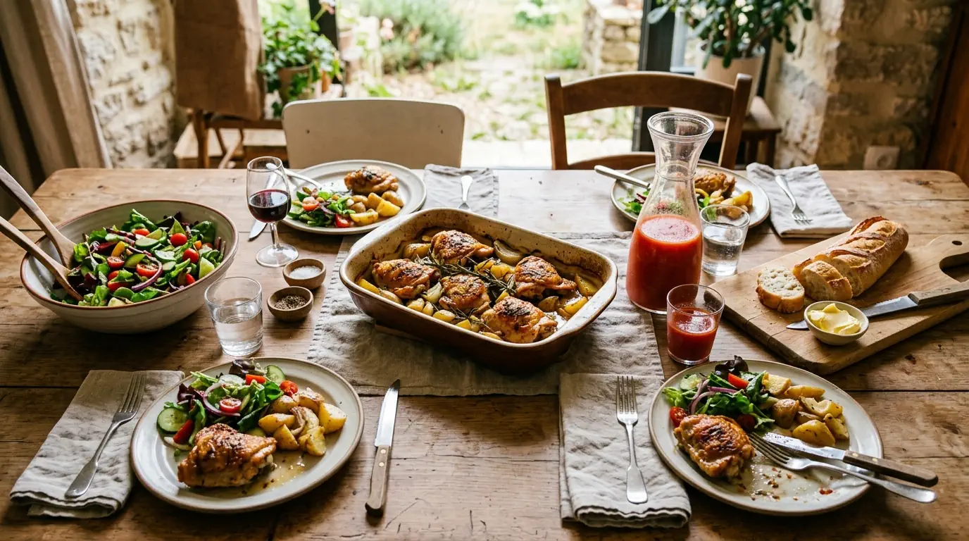 Table familiale avec poulet rôti, salade et gaspacho