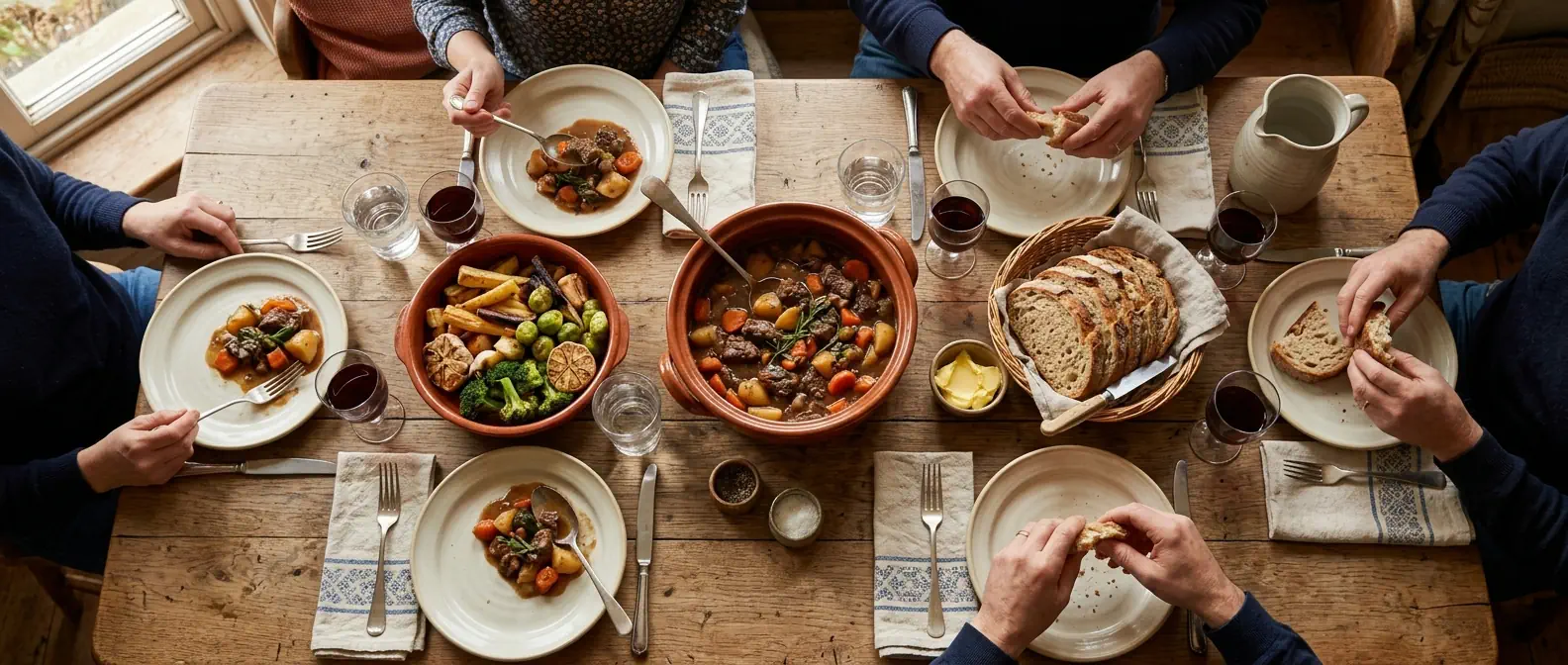 Table familiale du soir, plats maison simples, ambiance chaleureuse
