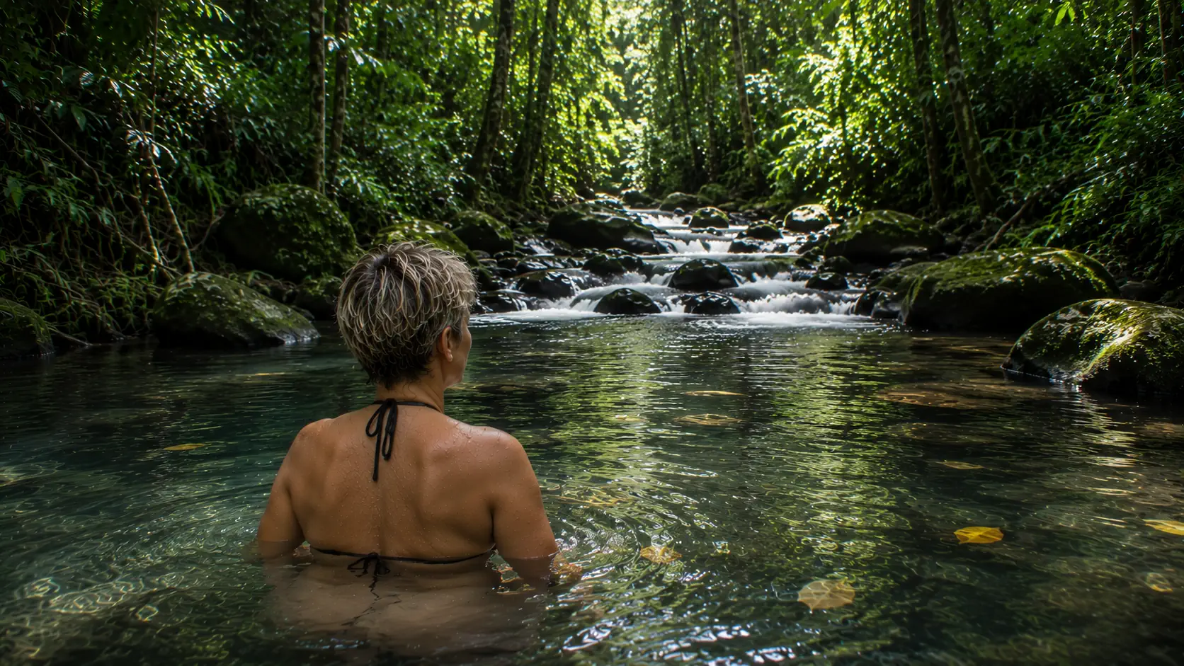 Rivière tropicale de Guadeloupe entre les pierres — bain de rivière et redescente nerveuse en douceur