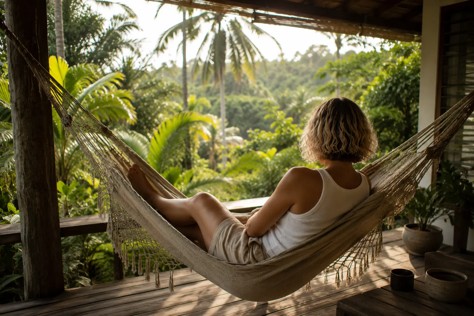 Hamac vide sous une varangue tropicale, symbole du repos qui ne repose plus