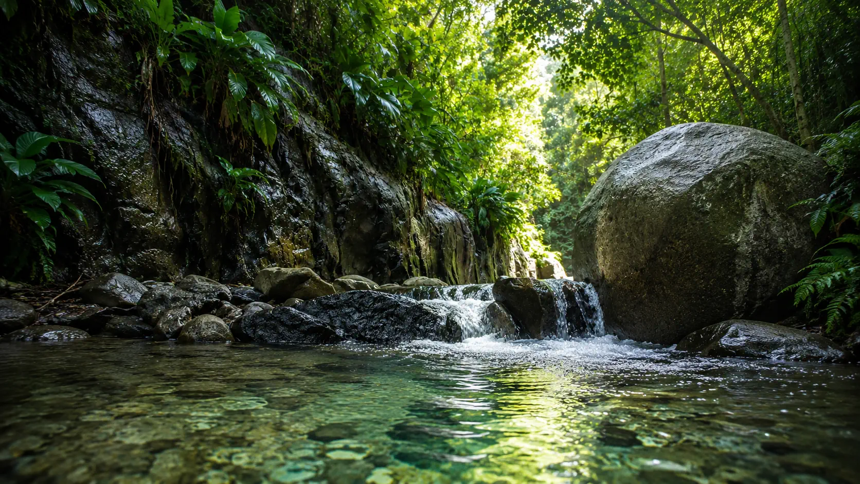 Rivière tropicale et forêt dense en Guadeloupe — voyage lent et paysages du calme