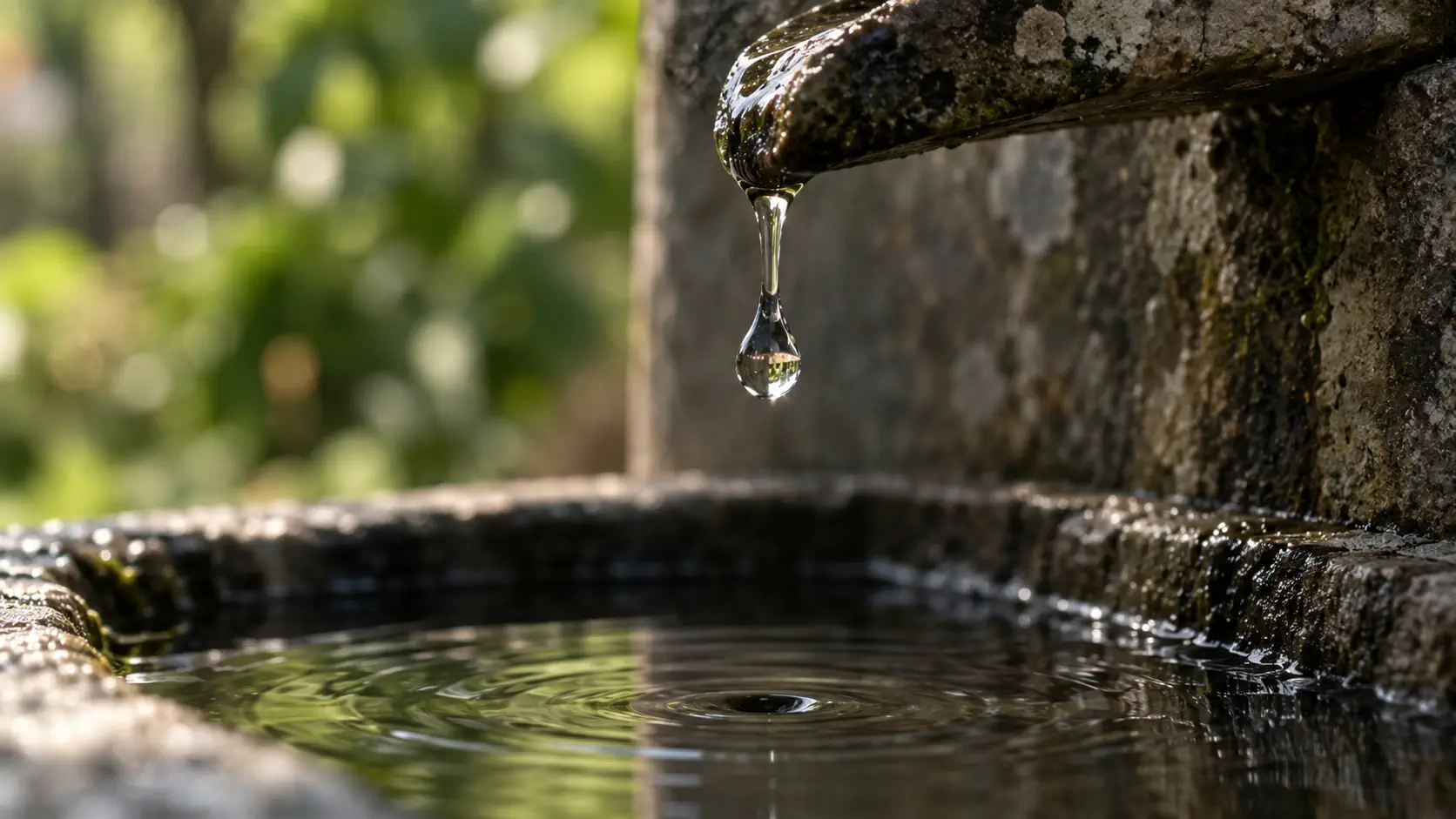 Eau qui coule en gouttes dans une lumière douce, image du trop-plein qui déborde goutte à goutte
