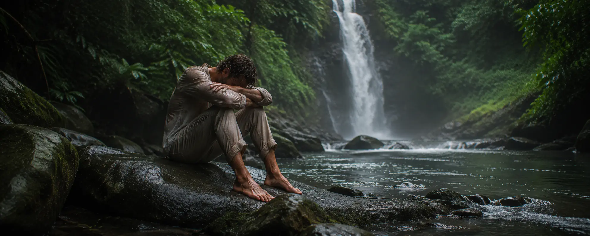 Pluie sur une fenêtre ouverte sur la végétation tropicale, image du besoin de silence