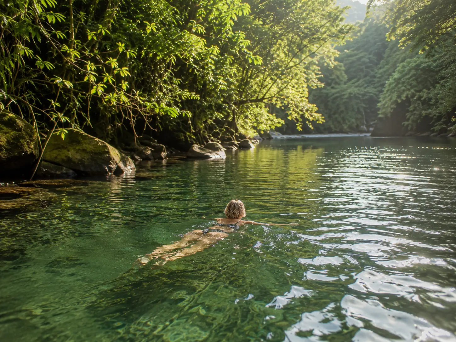Rivière calme en forêt tropicale de Guadeloupe, appui sensoriel pour la récupération nerveuse
