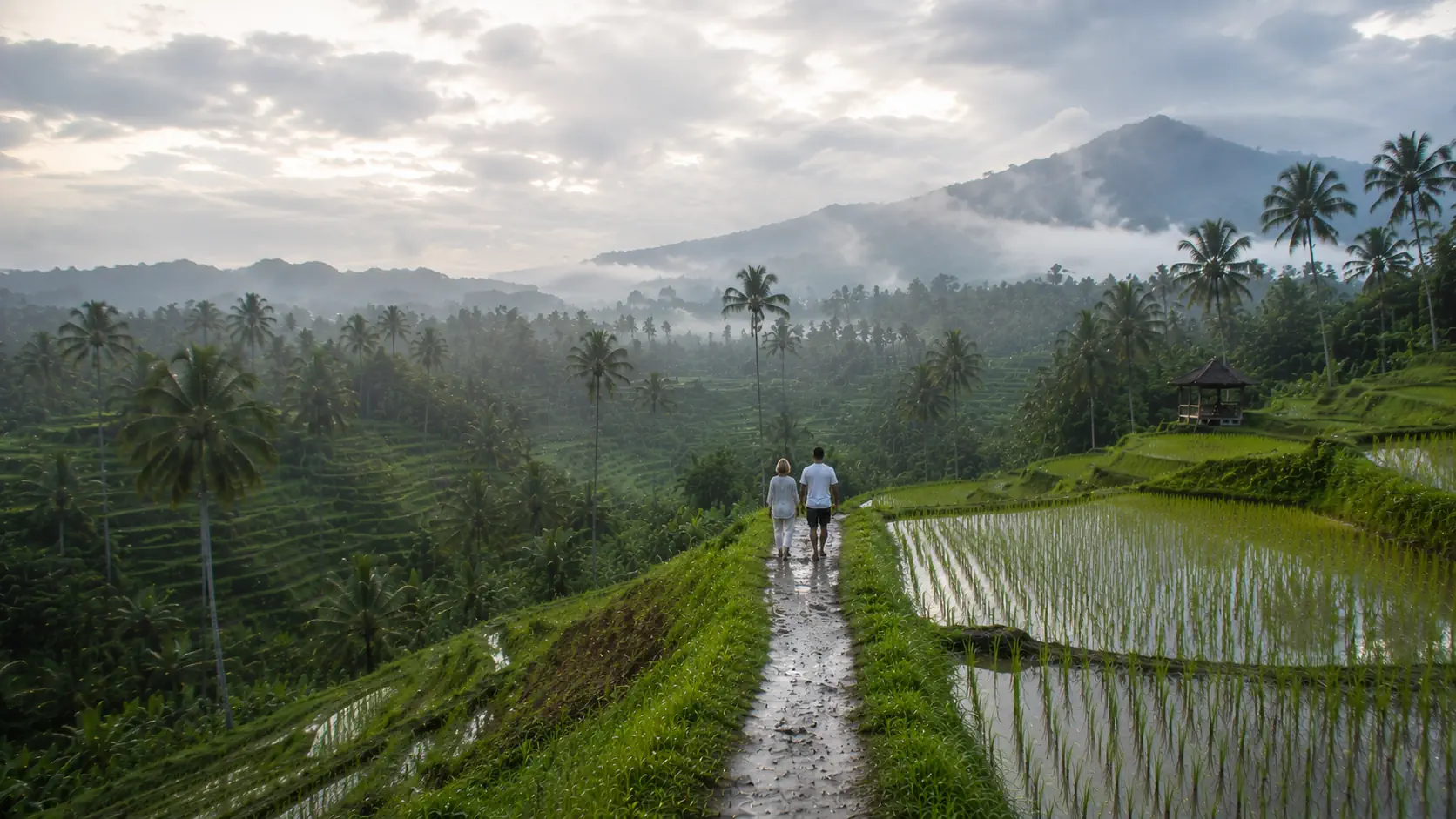 Couple mûr de dos marchant entre les rizières de Sidemen, à Bali, au lever du soleil