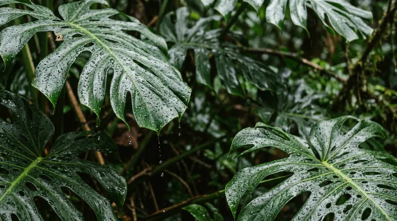 Gouttes de pluie sur des feuilles tropicales d'un vert profond — lenteur et calme nerveux