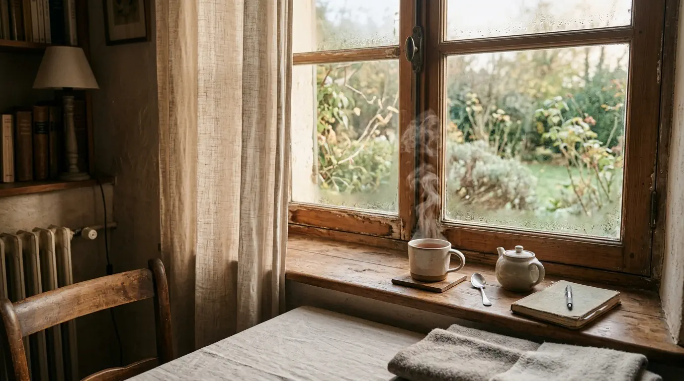 Intérieur calme près d'une fenêtre, tasse de thé et lumière naturelle douce — récupération nerveuse et calme du système nerveux, Le Laboratoire du Calme
