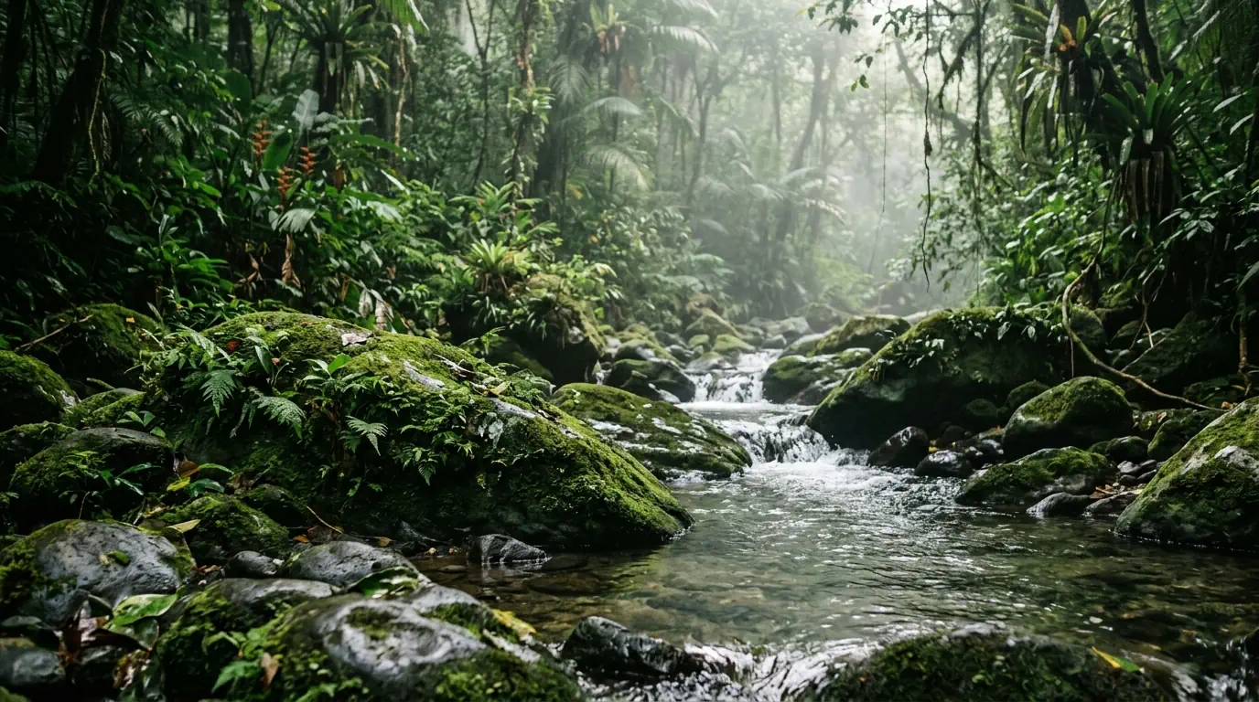 Eau claire d'une rivière tropicale de Guadeloupe courant sur les pierres — lenteur du courant et apaisement du système nerveux