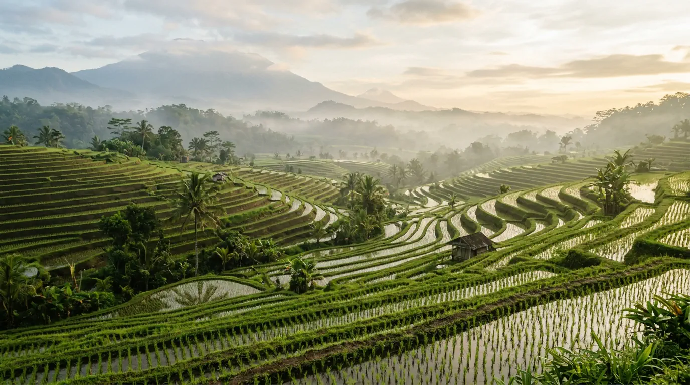 Paysage de rizières et de jungle à Sidemen, Bali, sous une lumière douce