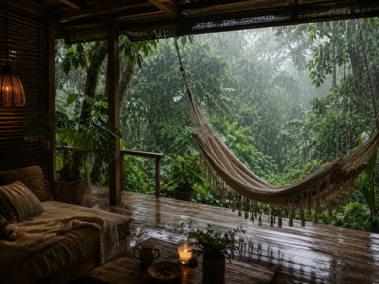 Coin calme ouvert sur la végétation tropicale au petit matin, lumière douce — fatigue au réveil et sommeil non réparateur, NOMAD SILVER